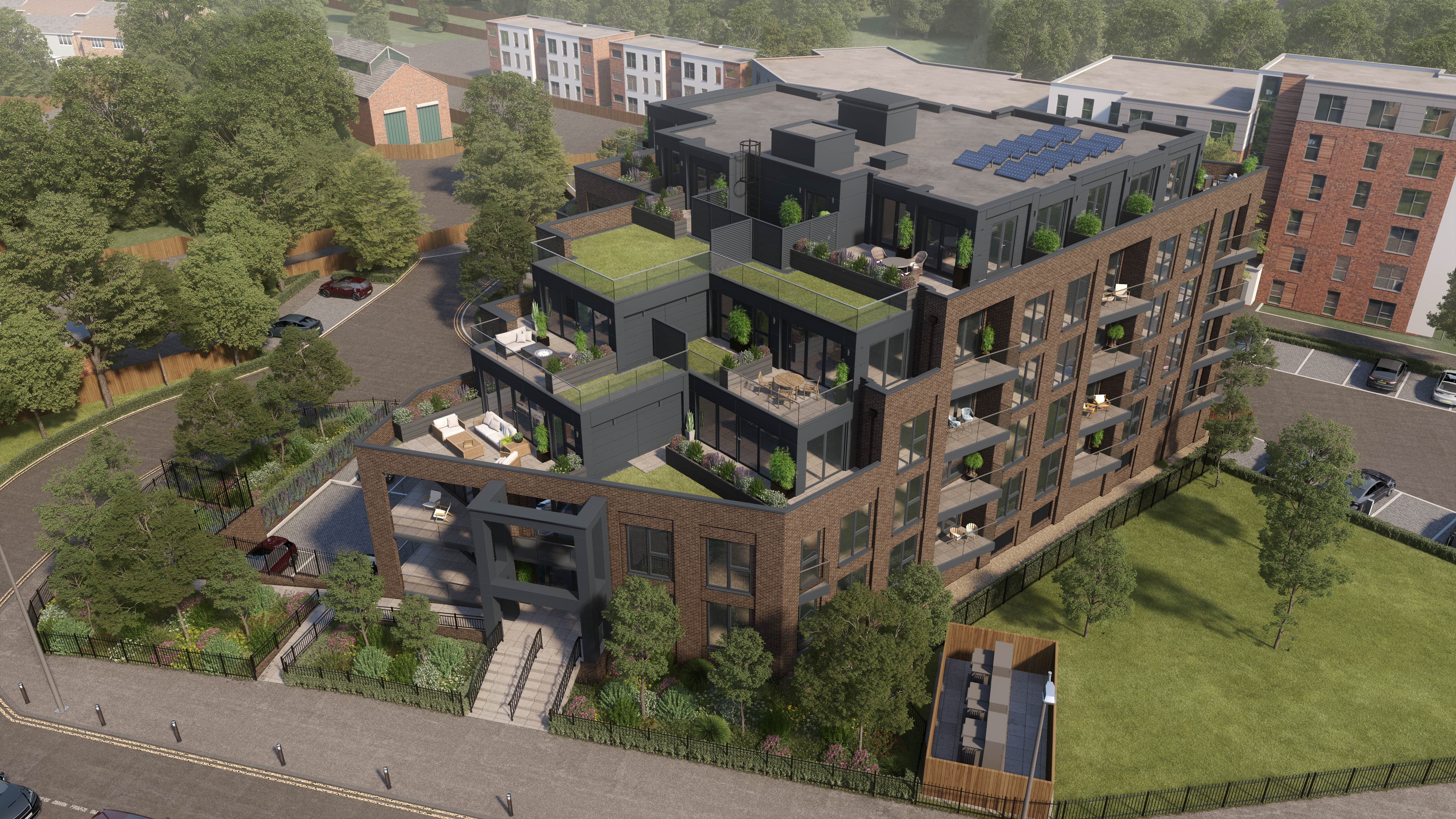 A new residential development in Tunbridge Wells, the Cocoa Residences. Roof terraces, brick structure and surrounding gardens. 
