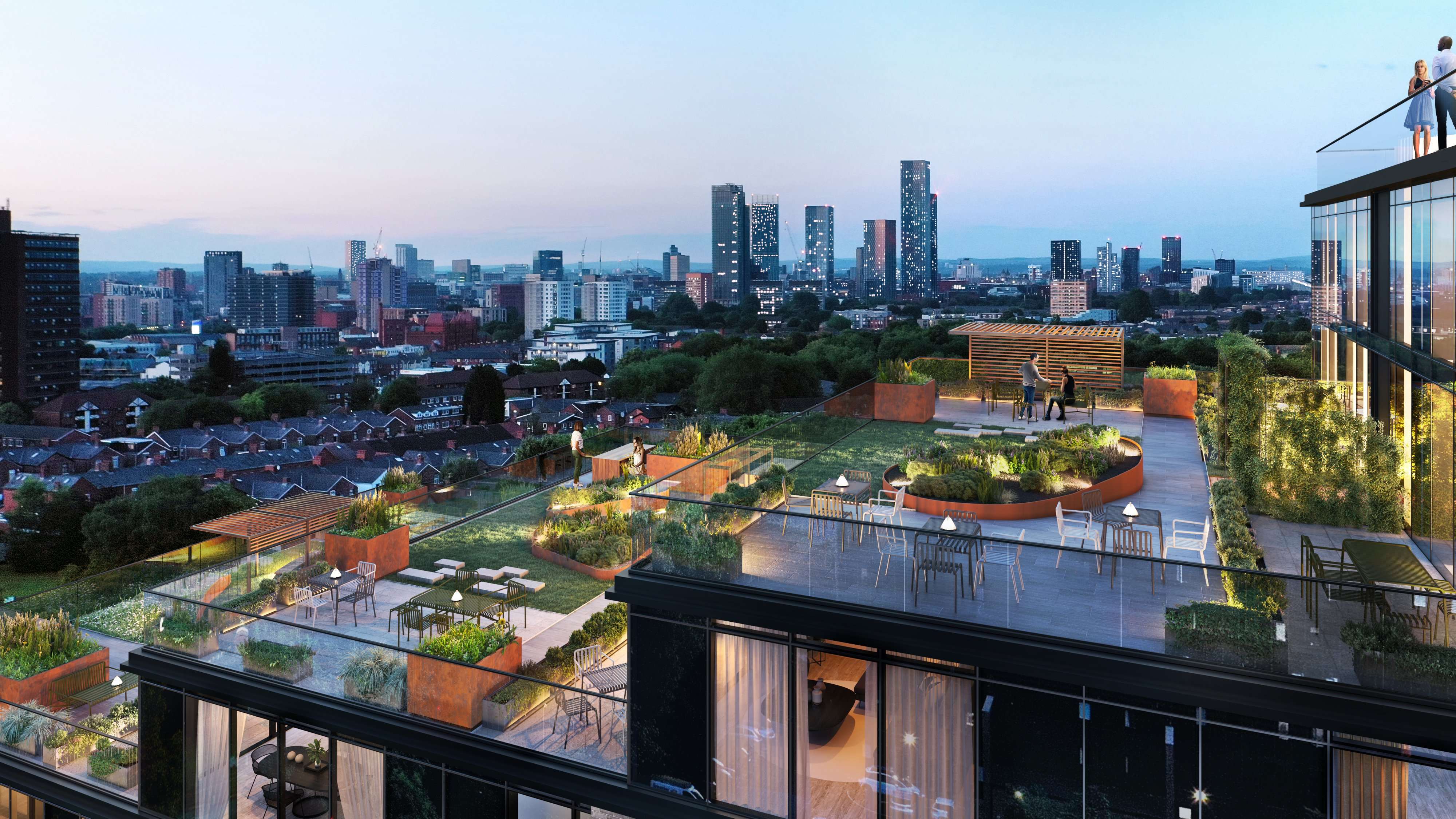 Urban Green terrace at Dusk with lights illuminating residence spaces with a view of the city centre.